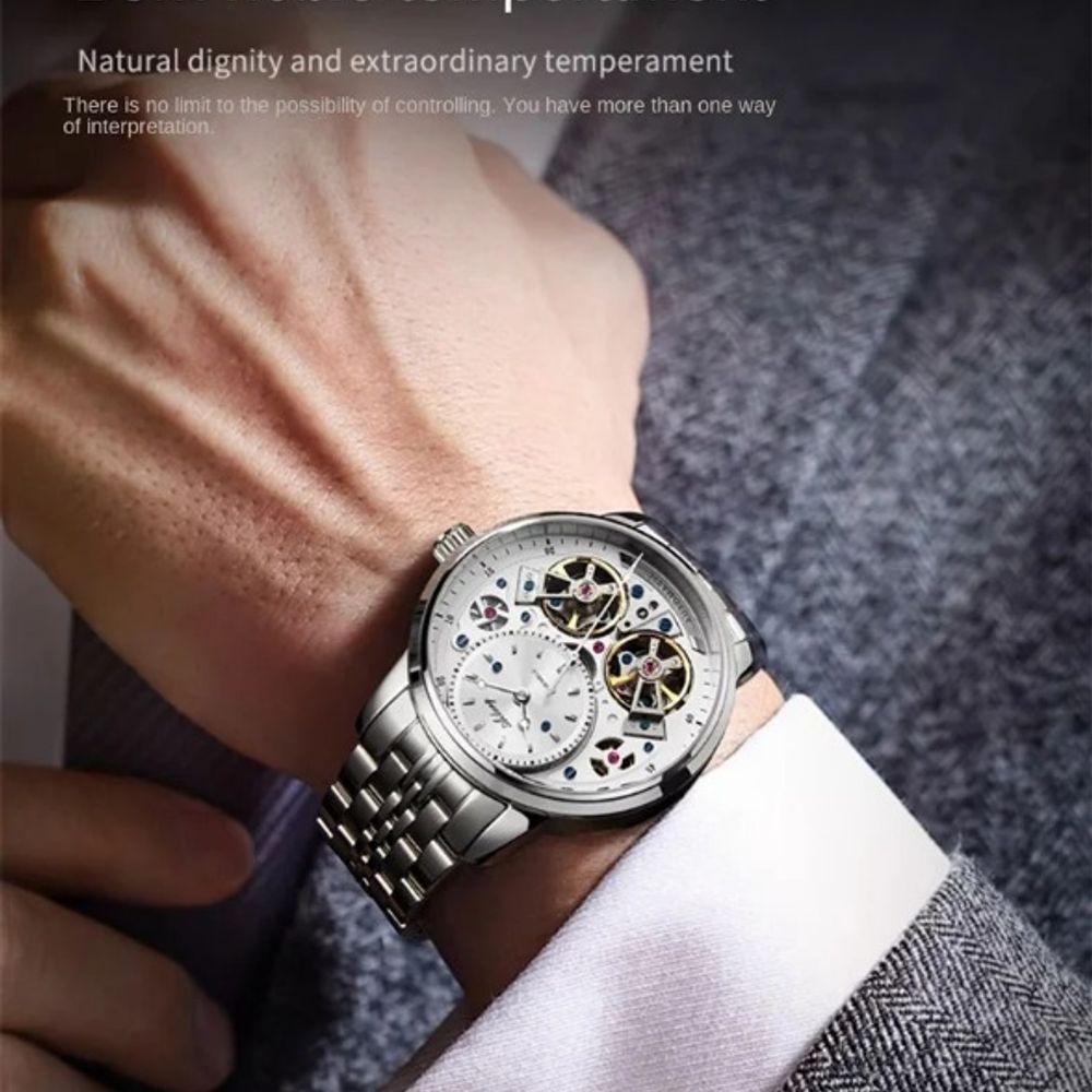 AILANG Luxury Double Tourbillon Men's Watch Stainless Steel Waterproof Mechanical Fashion Watch