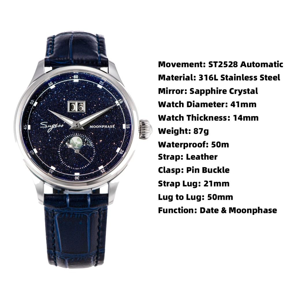 Men's Sugess Moonphase 40mm Auto Mechanical Watch, Seagul ST2528 Movement, Stainless Steel Blue Sandstone Dial