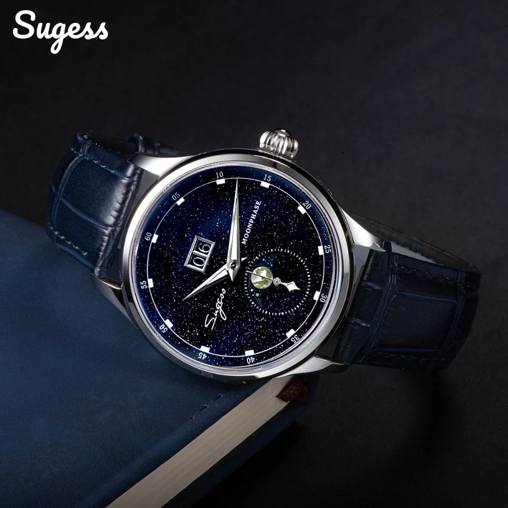 Men's Sugess Moonphase 40mm Auto Mechanical Watch, Seagul ST2528 Movement, Stainless Steel Blue Sandstone Dial