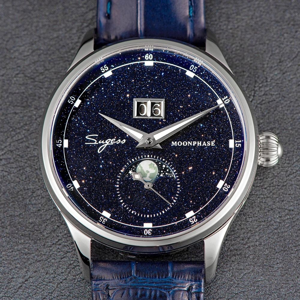 Men's Sugess Moonphase 40mm Auto Mechanical Watch, Seagul ST2528 Movement, Stainless Steel Blue Sandstone Dial