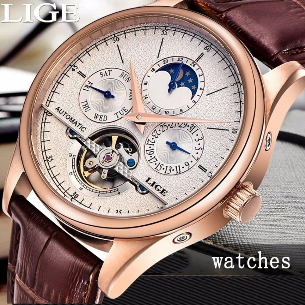 LIGE Men Automatic Tourbillon Watch 