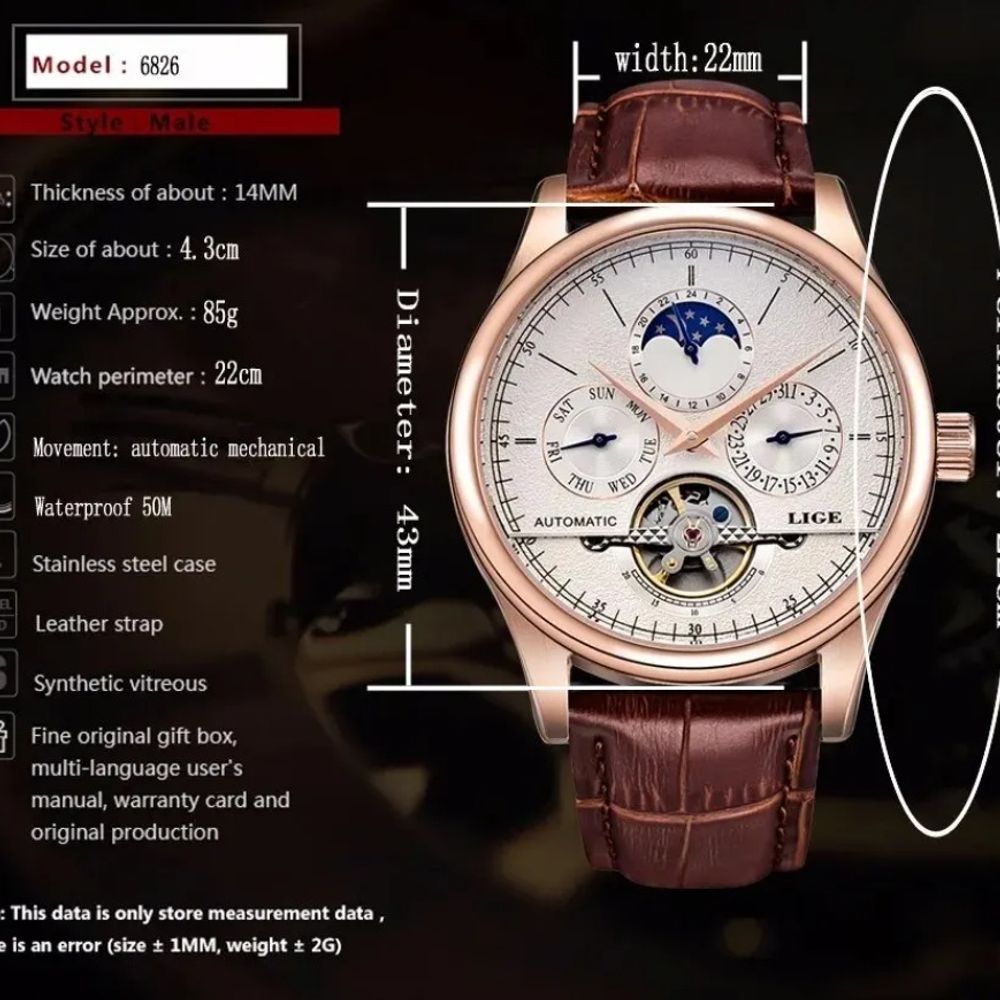 LIGE Men Automatic Tourbillon Watch 