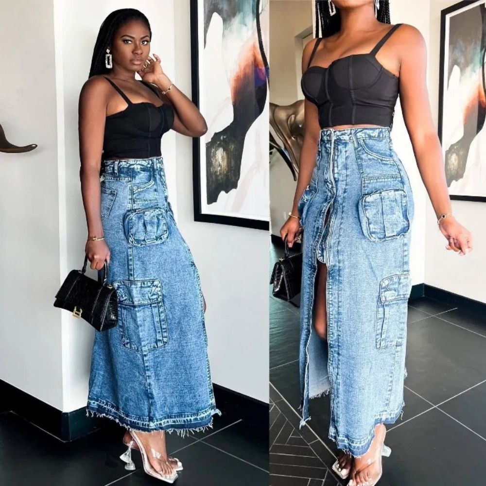 Women Cargo Denim Skirts Women High Waist Split Maxi Jeans