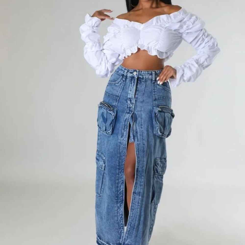 Women Cargo Denim Skirts Women High Waist Split Maxi Jeans