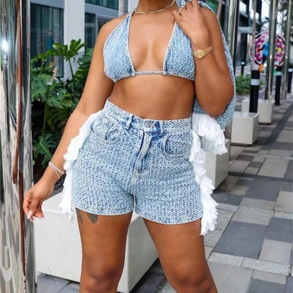 Women Denim 3-Piece Lace-Up Set with Turn-Down Collar Crop Top