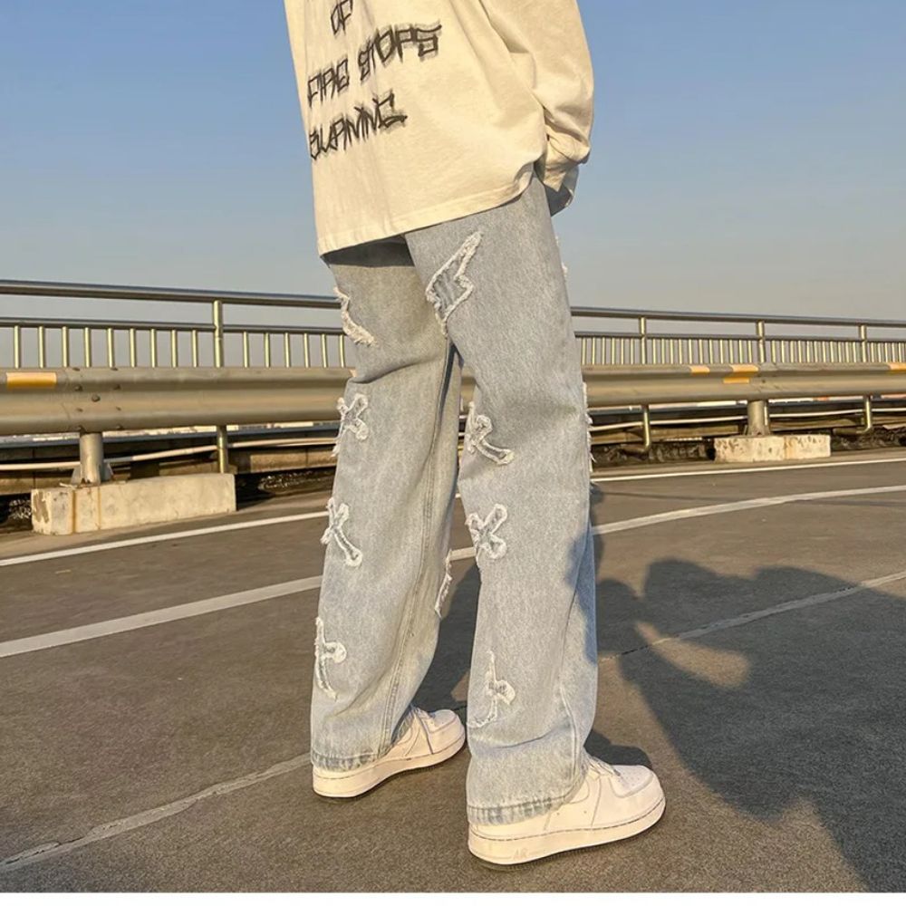 Korean High Street Embroidered Cross Flare Jeans: Unisex Y2K Baggy Pants