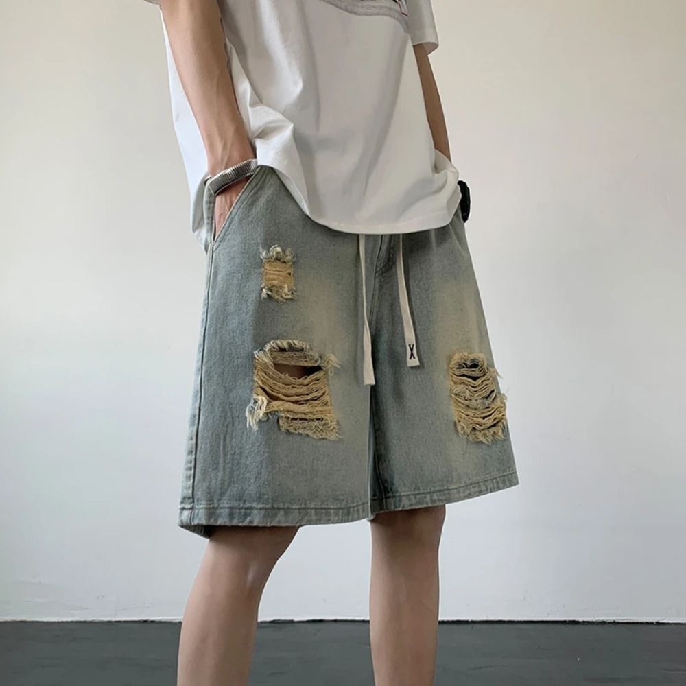 Summer Men's Knee Length Denim Shorts with Raw Hem