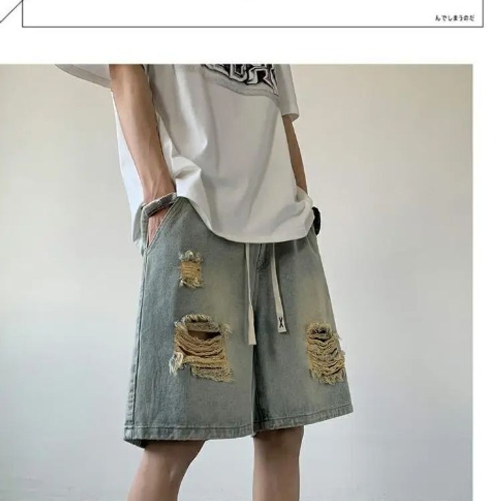 Summer Men's Knee Length Denim Shorts with Raw Hem