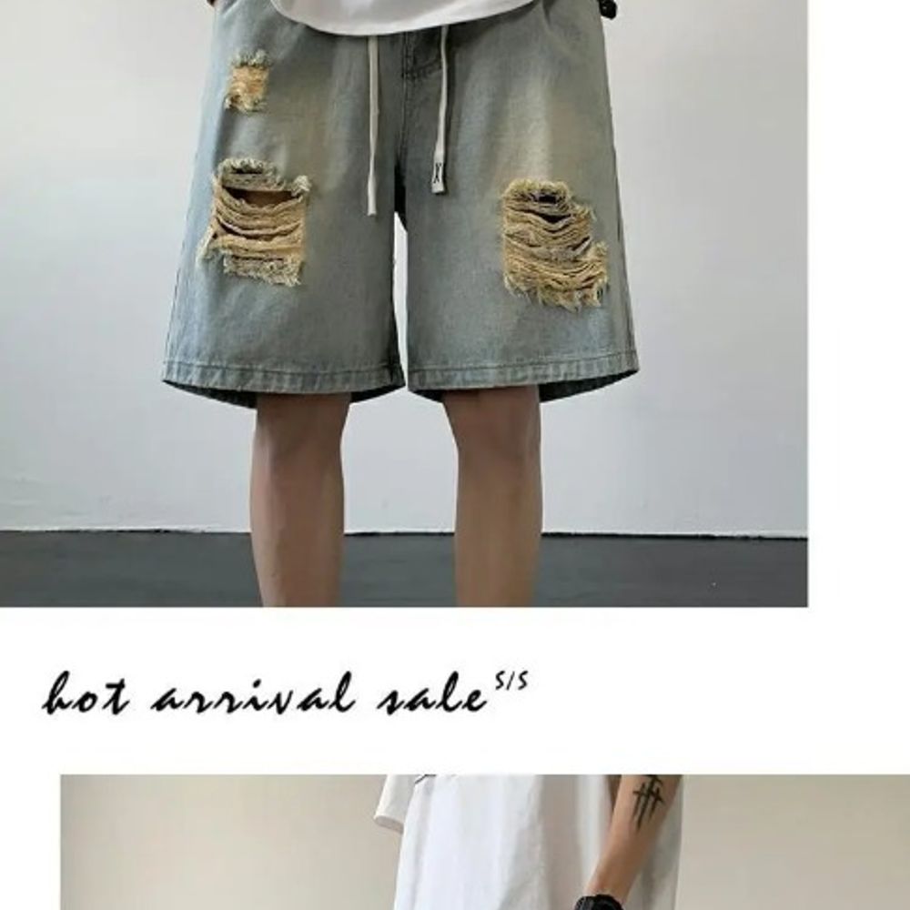 Summer Men's Knee Length Denim Shorts with Raw Hem