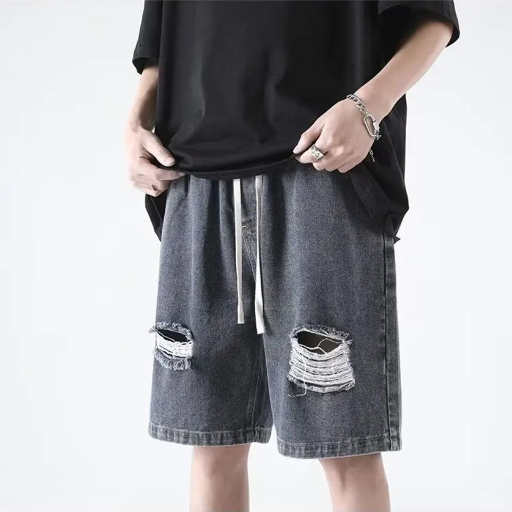 Summer Trend: Men's Light Blue Knee-Length Ripped Denim Shorts