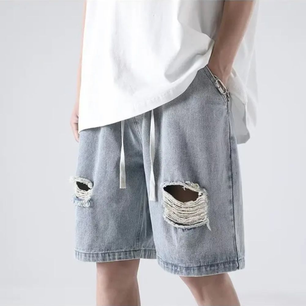 Summer Trend: Men's Light Blue Knee-Length Ripped Denim Shorts