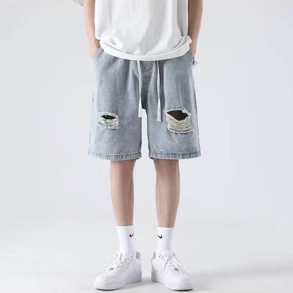 Summer Trend: Men's Light Blue Knee-Length Ripped Denim Shorts