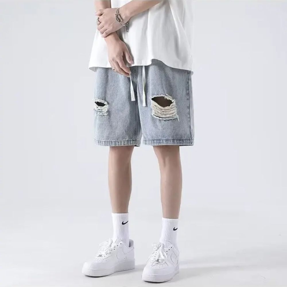 Summer Trend: Men's Light Blue Knee-Length Ripped Denim Shorts