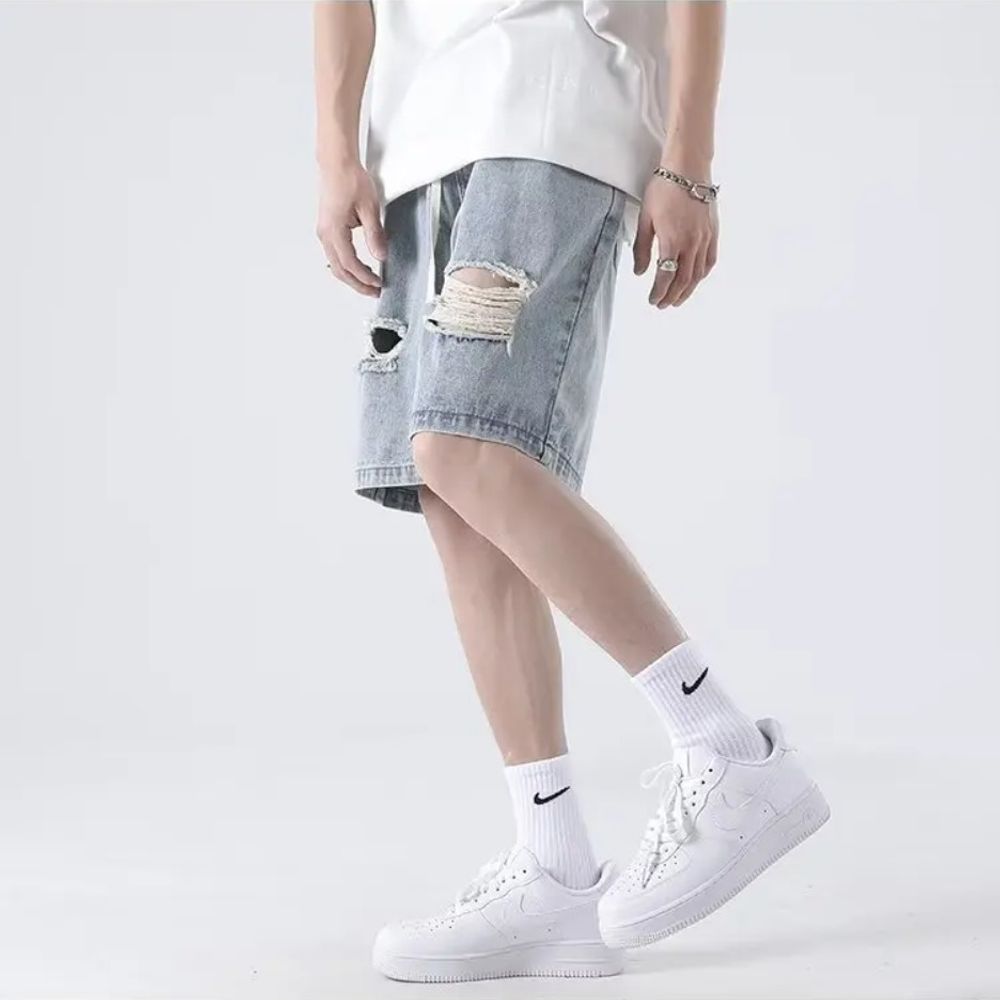 Summer Trend: Men's Light Blue Knee-Length Ripped Denim Shorts