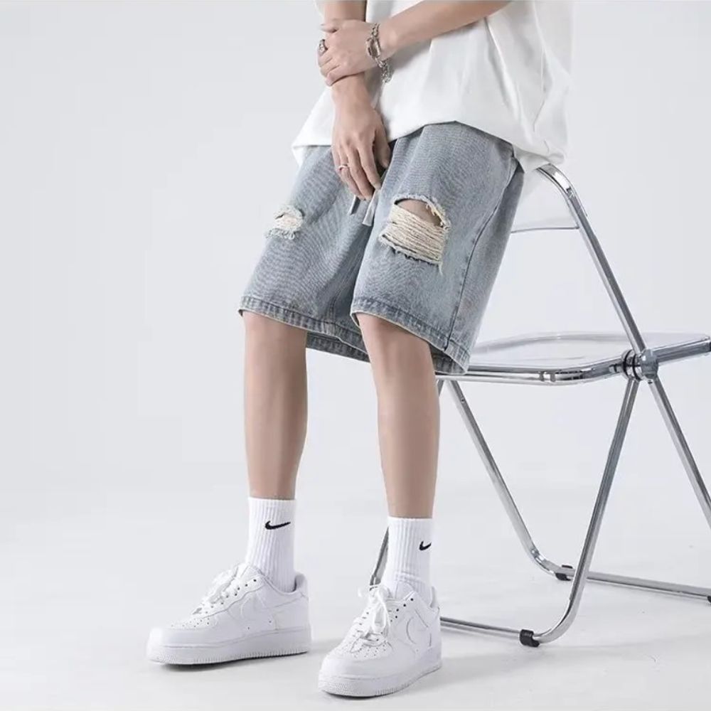 Summer Trend: Men's Light Blue Knee-Length Ripped Denim Shorts