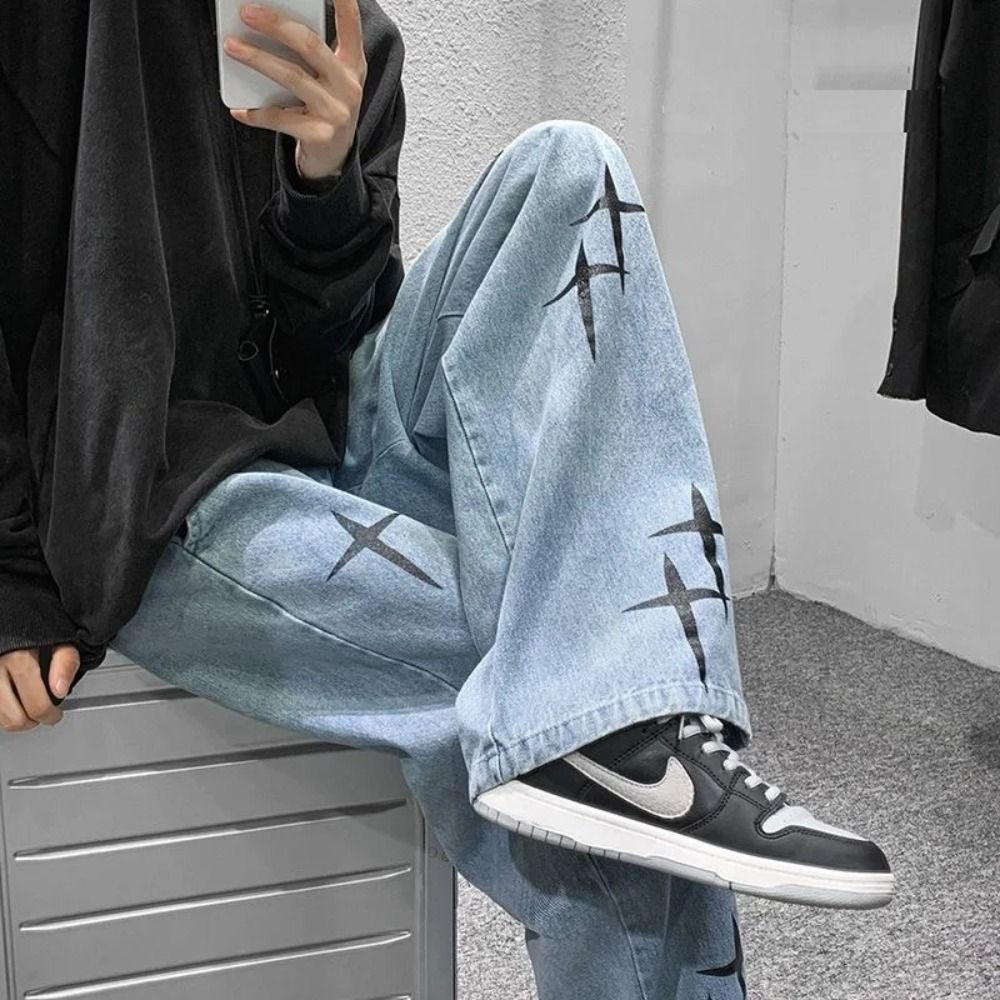 Men's Star Print Loose Fit Black Denim Trousers High Street Straight Leg Pants