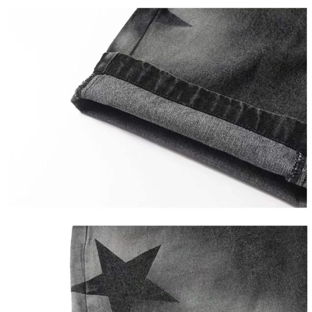 Men's Star Printed Casual Black Denim Jeans Hip-Hop Wide Leg Pants