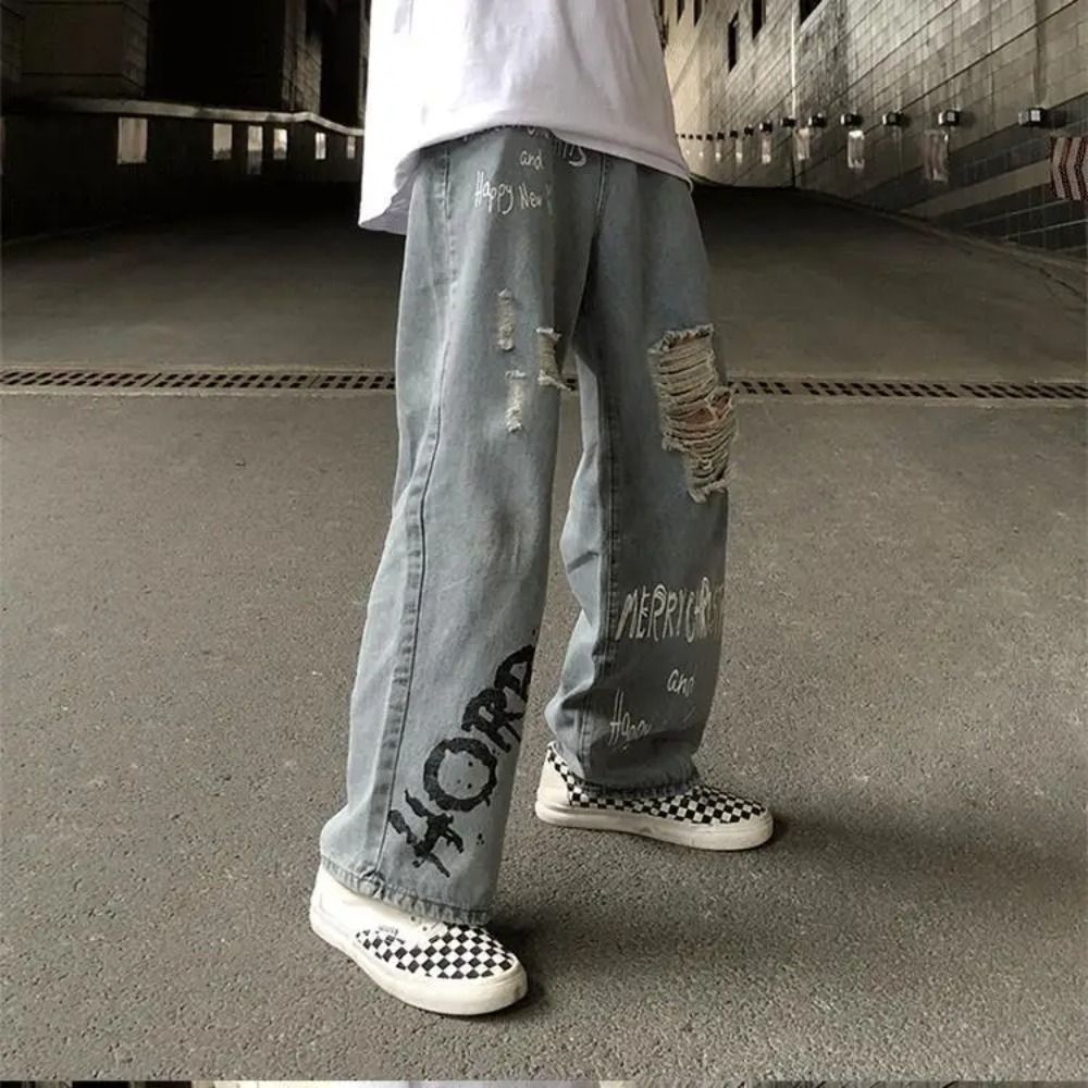 Winter Tide Brand Men's Hip-Hop Loose Wide-Leg Printed Jeans