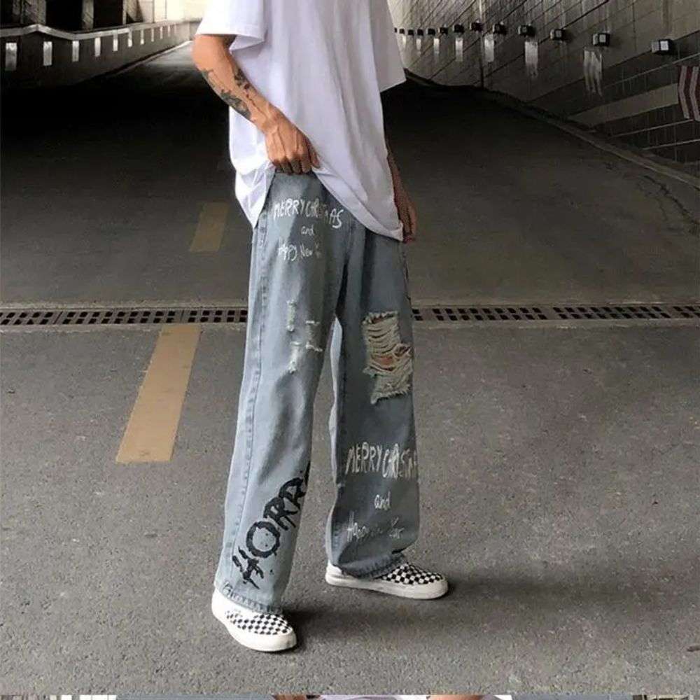 Winter Tide Brand Men's Hip-Hop Loose Wide-Leg Printed Jeans