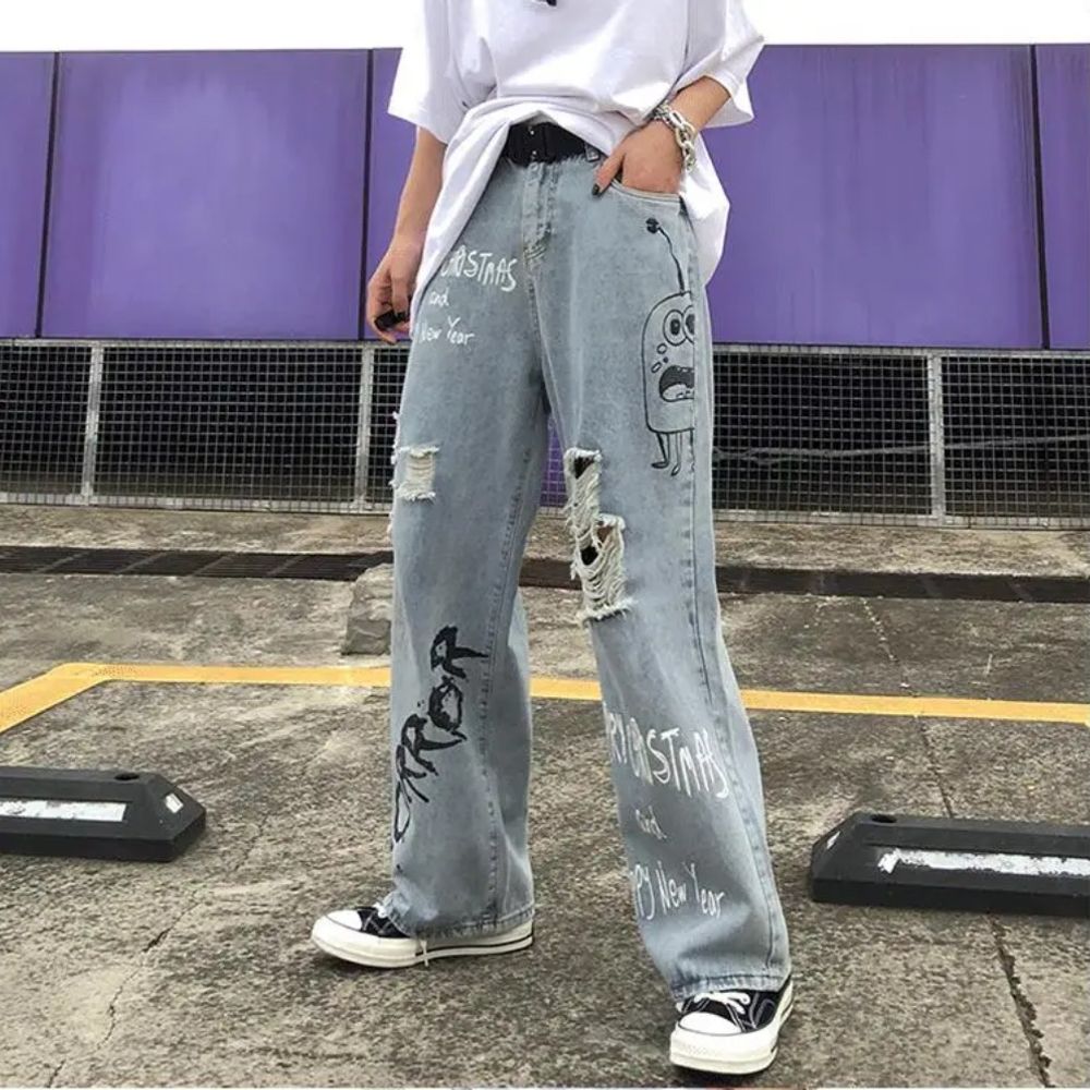 Winter Tide Brand Men's Hip-Hop Loose Wide-Leg Printed Jeans