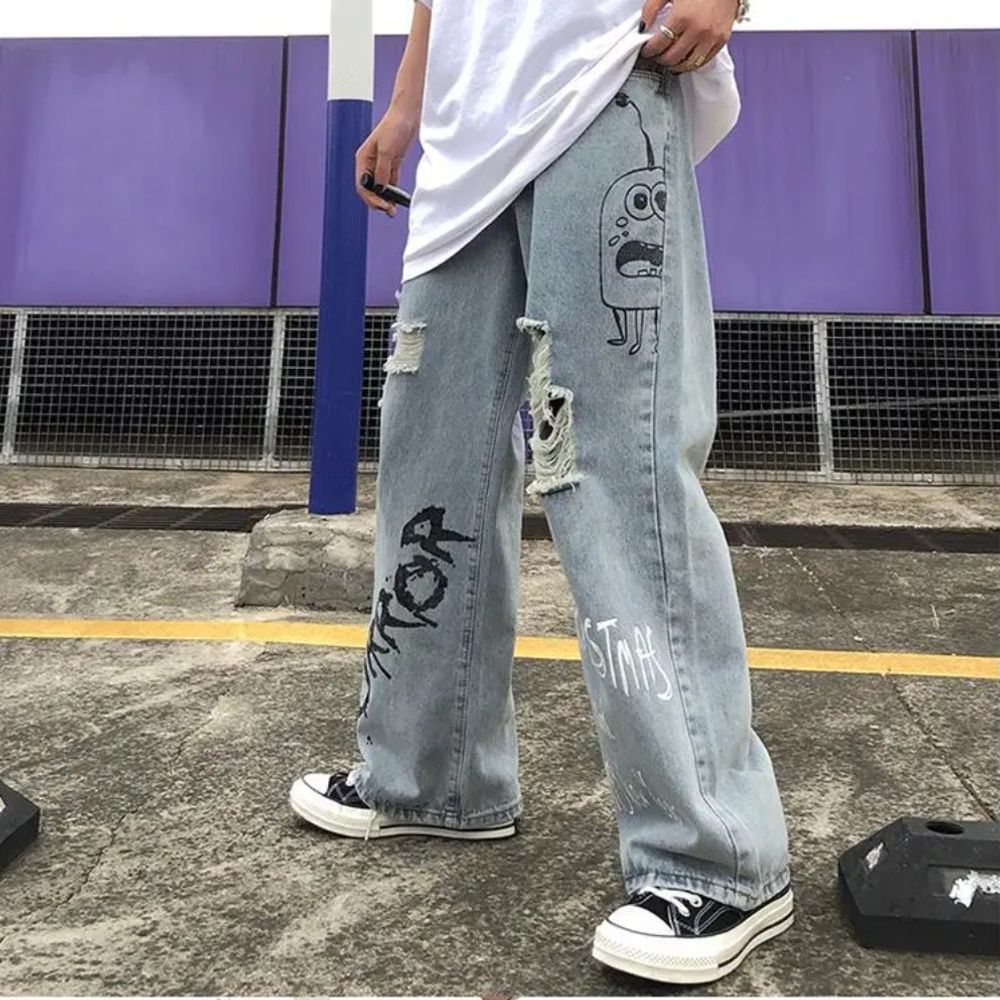 Winter Tide Brand Men's Hip-Hop Loose Wide-Leg Printed Jeans