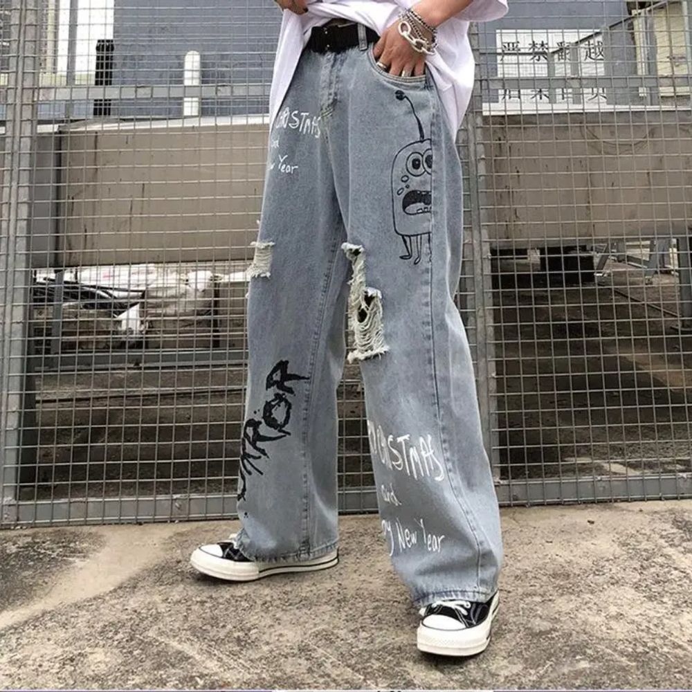 Winter Tide Brand Men's Hip-Hop Loose Wide-Leg Printed Jeans