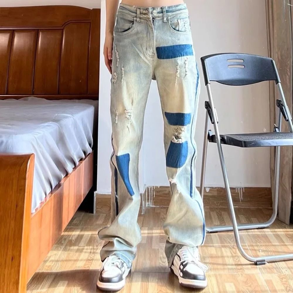 Wide Leg Patchwork Vintage Denim Pants for Men & Women