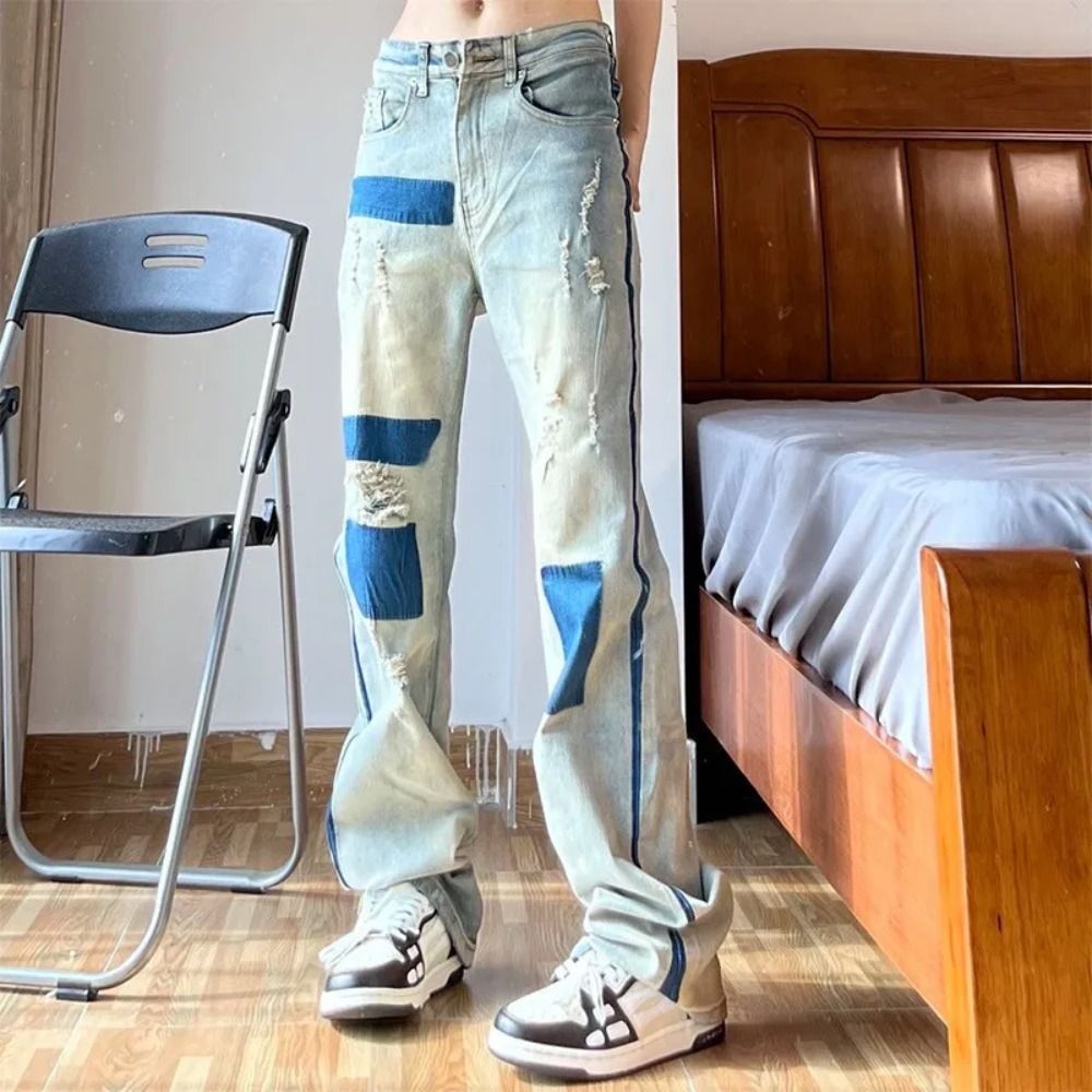 Wide Leg Patchwork Vintage Denim Pants for Men & Women