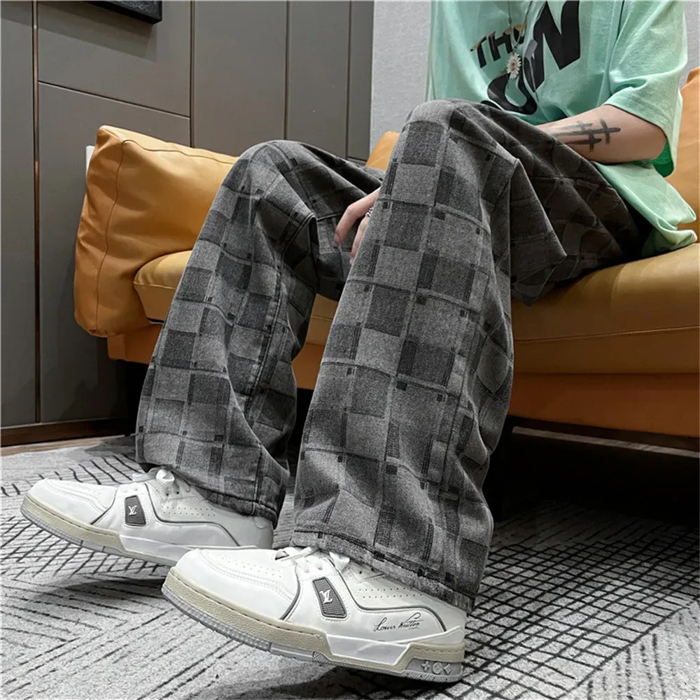 Men's Streetwear Y2K Jeans Lattice Retro Casual Wide Leg Pants