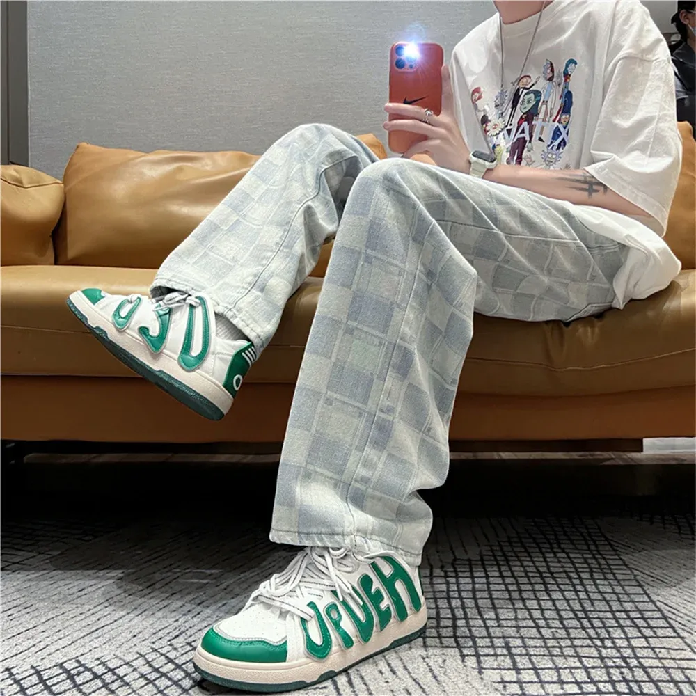 Men's Streetwear Y2K Jeans Lattice Retro Casual Wide Leg Pants