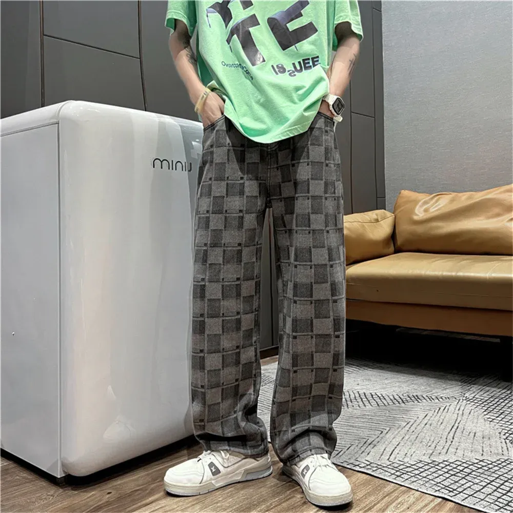 Men's Streetwear Y2K Jeans Lattice Retro Casual Wide Leg Pants