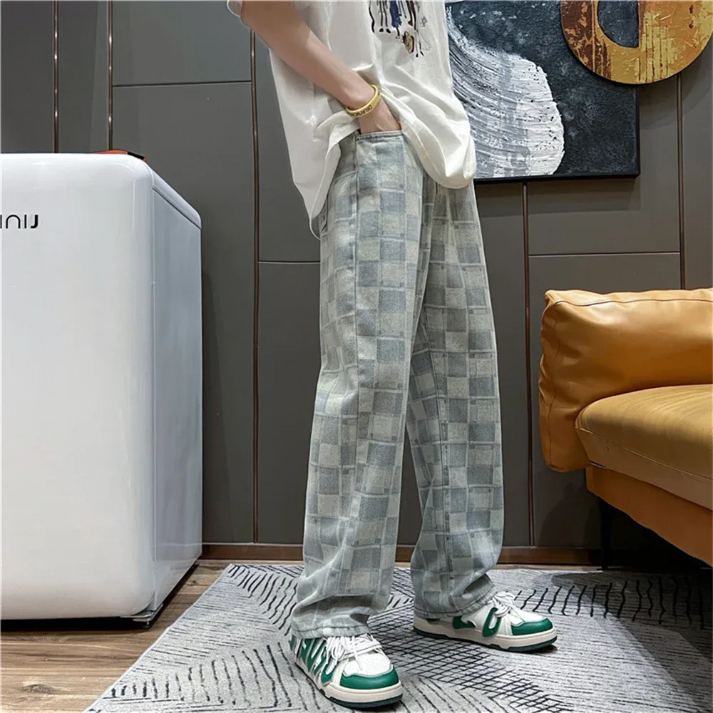 Men's Streetwear Y2K Jeans Lattice Retro Casual Wide Leg Pants