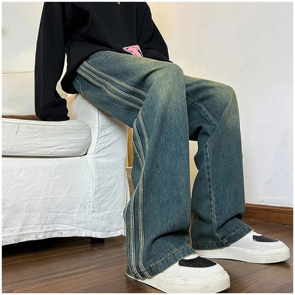 Summer Men's Wide-leg Drawstring Denim Trousers