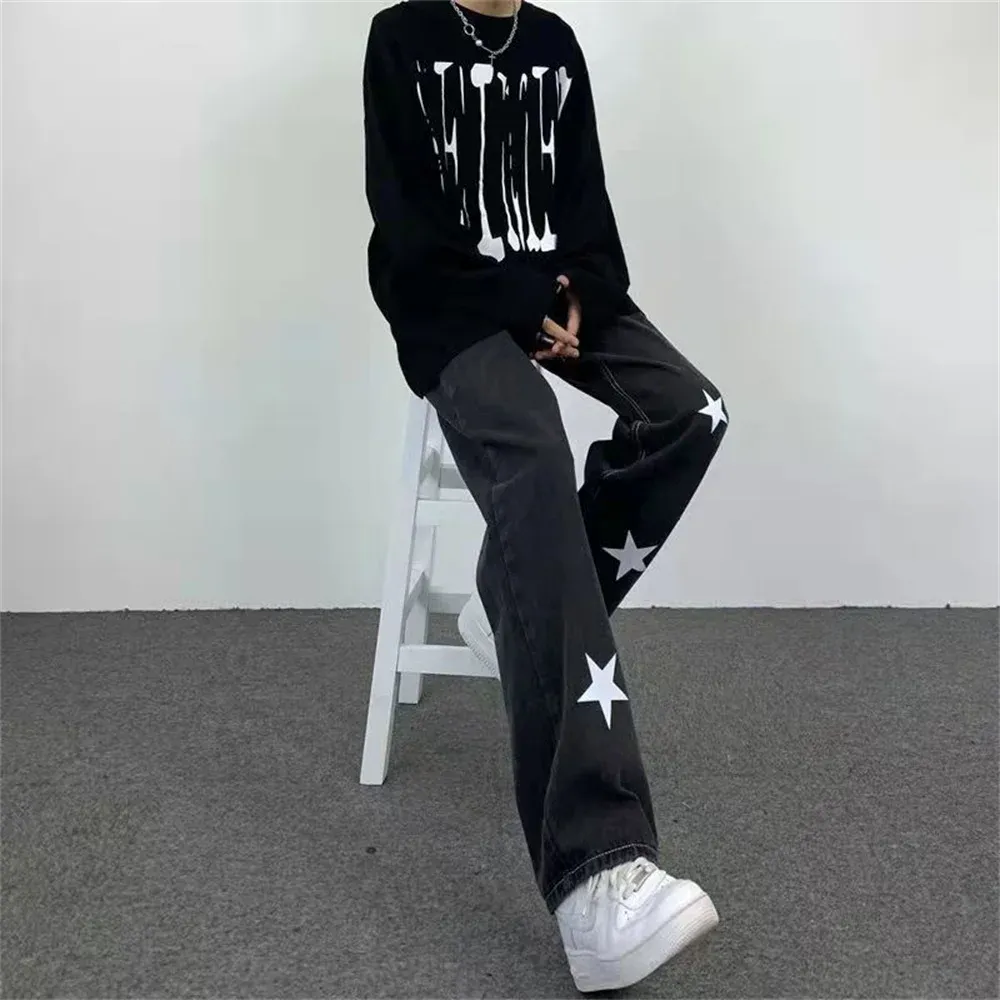 Men's Star Print Loose Fit Black Denim Jeans