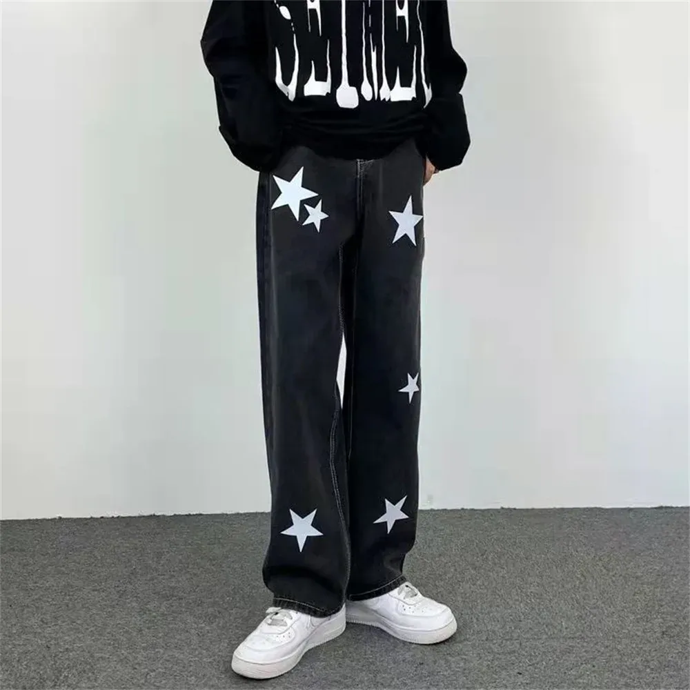 Men's Star Print Loose Fit Black Denim Jeans