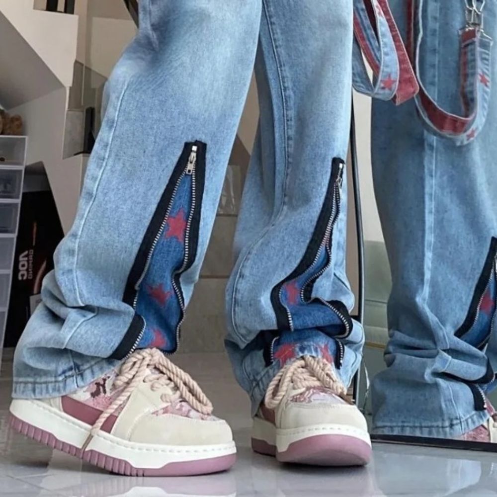 American New Hip-hop Retro Zipper Star Design Tooling Jeans