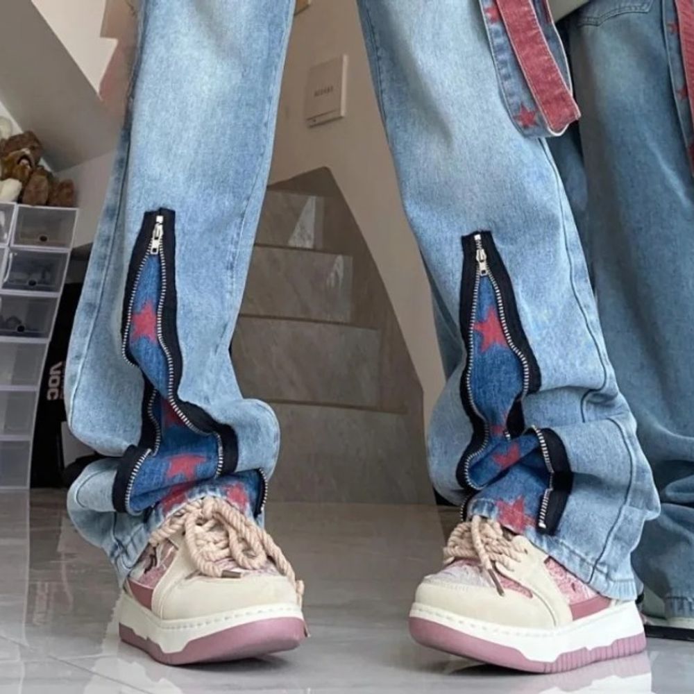 American New Hip-hop Retro Zipper Star Design Tooling Jeans