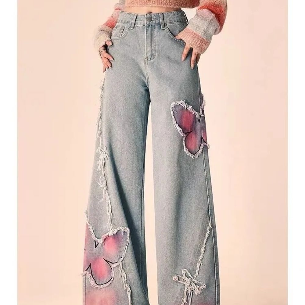 "Embroidered Raw Edge Butterfly Jeans - Female Y2K Streetwear"