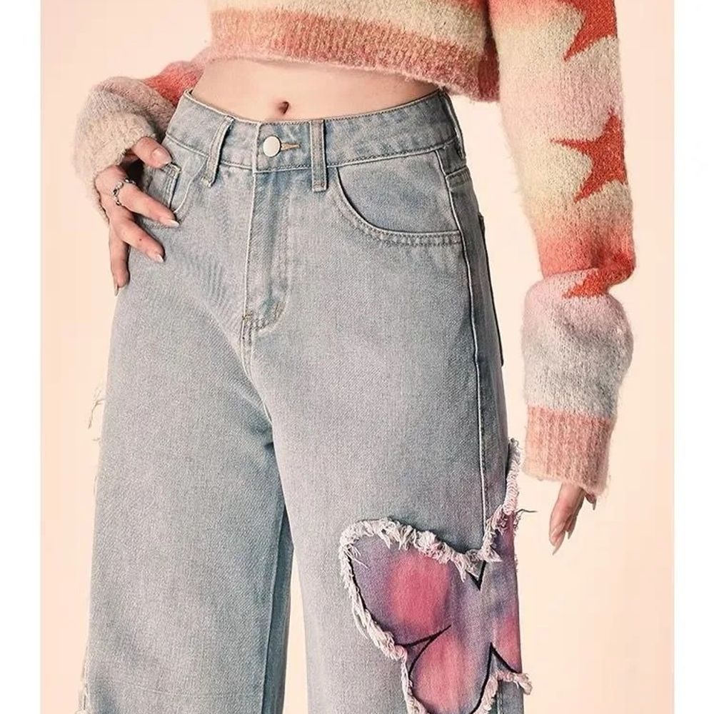 "Embroidered Raw Edge Butterfly Jeans - Female Y2K Streetwear"