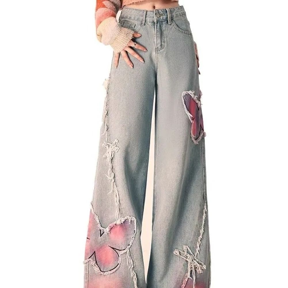 "Embroidered Raw Edge Butterfly Jeans - Female Y2K Streetwear"