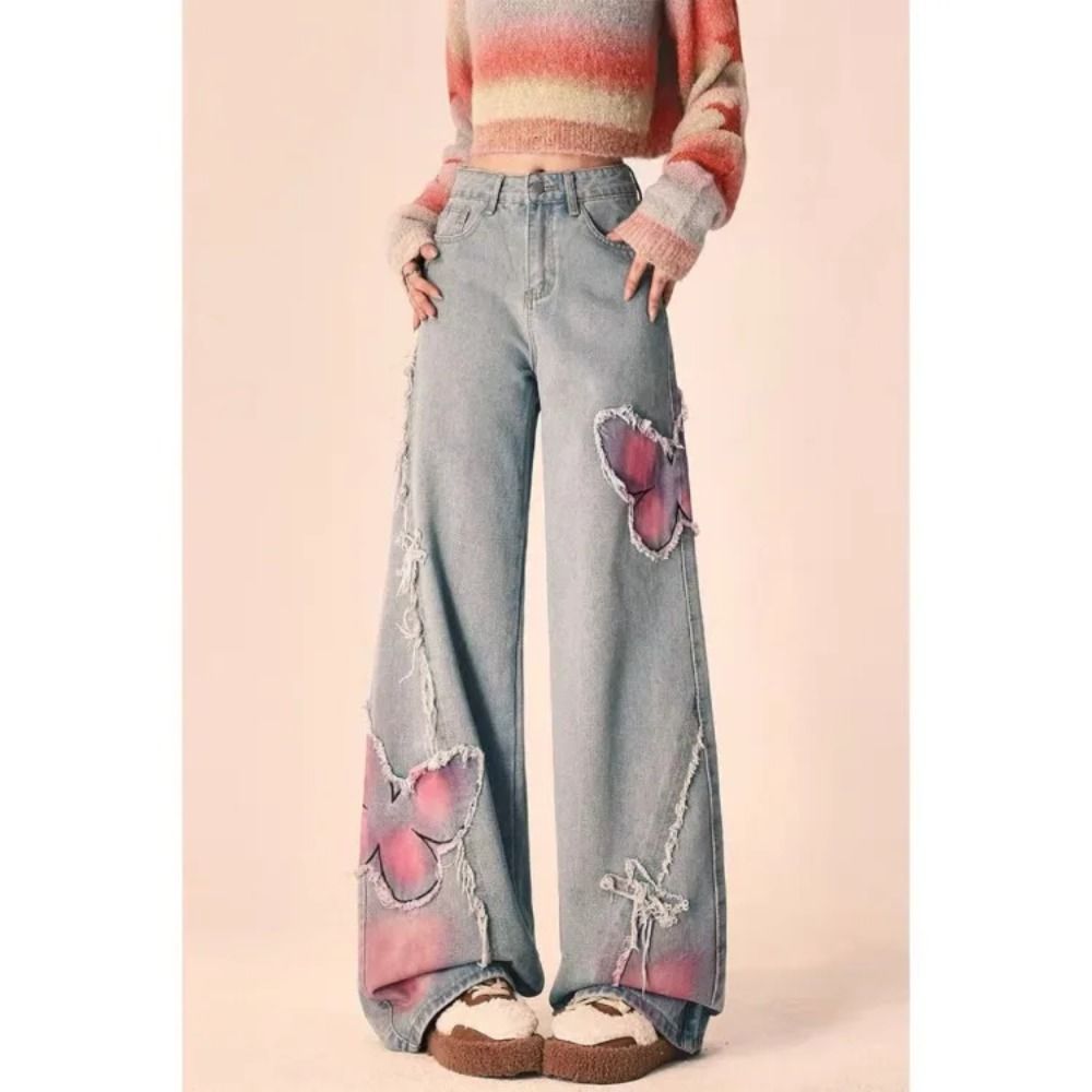 "Embroidered Raw Edge Butterfly Jeans - Female Y2K Streetwear"