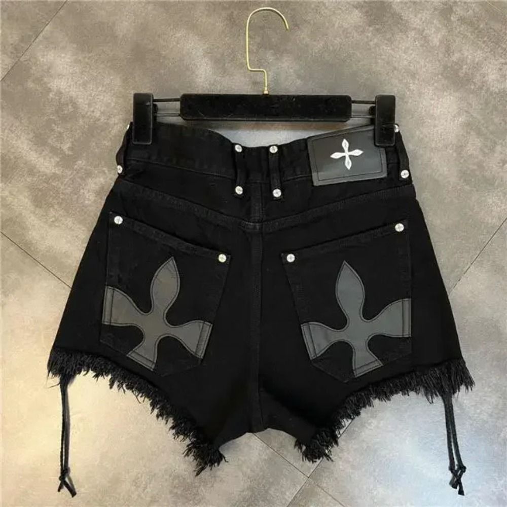 Summer Vintage Y2k Fringed Punk Black Denim Shorts