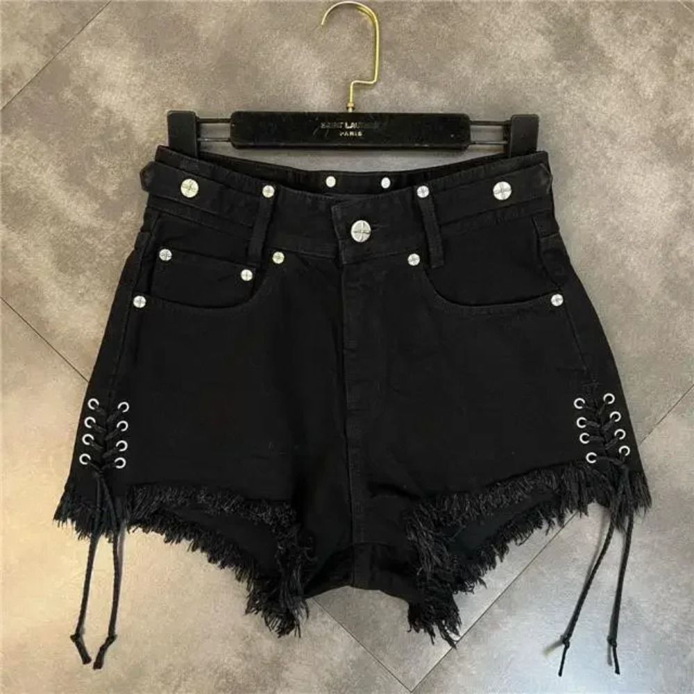 Summer Vintage Y2k Fringed Punk Black Denim Shorts