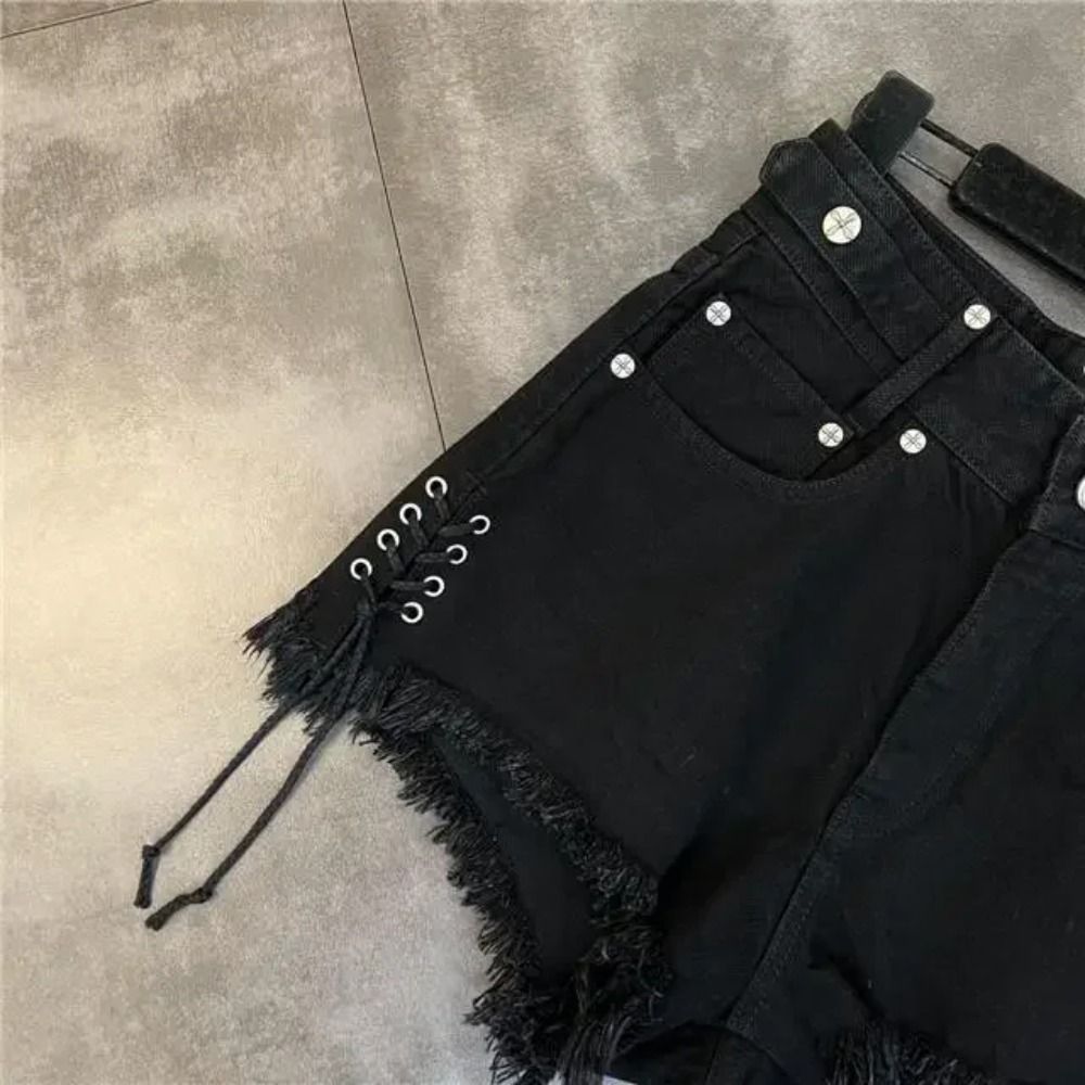 Summer Vintage Y2k Fringed Punk Black Denim Shorts