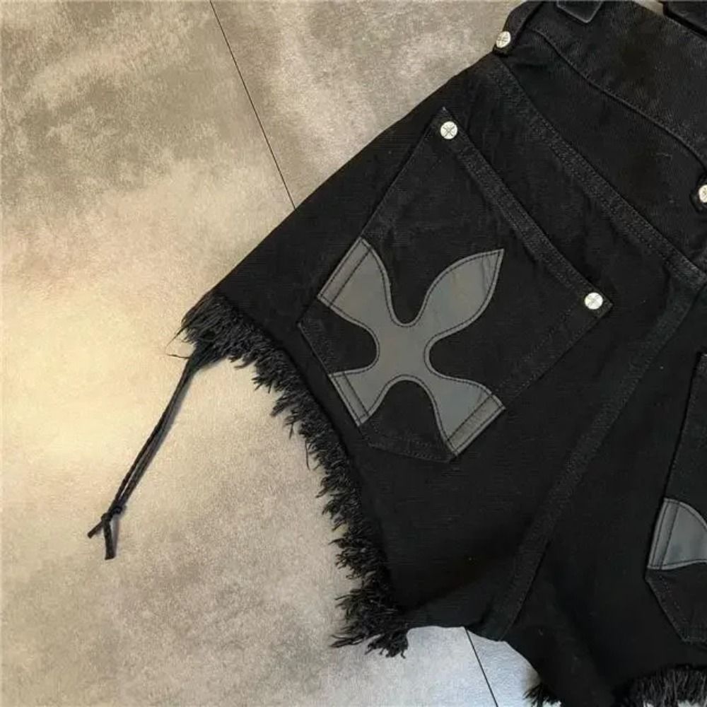 Summer Vintage Y2k Fringed Punk Black Denim Shorts