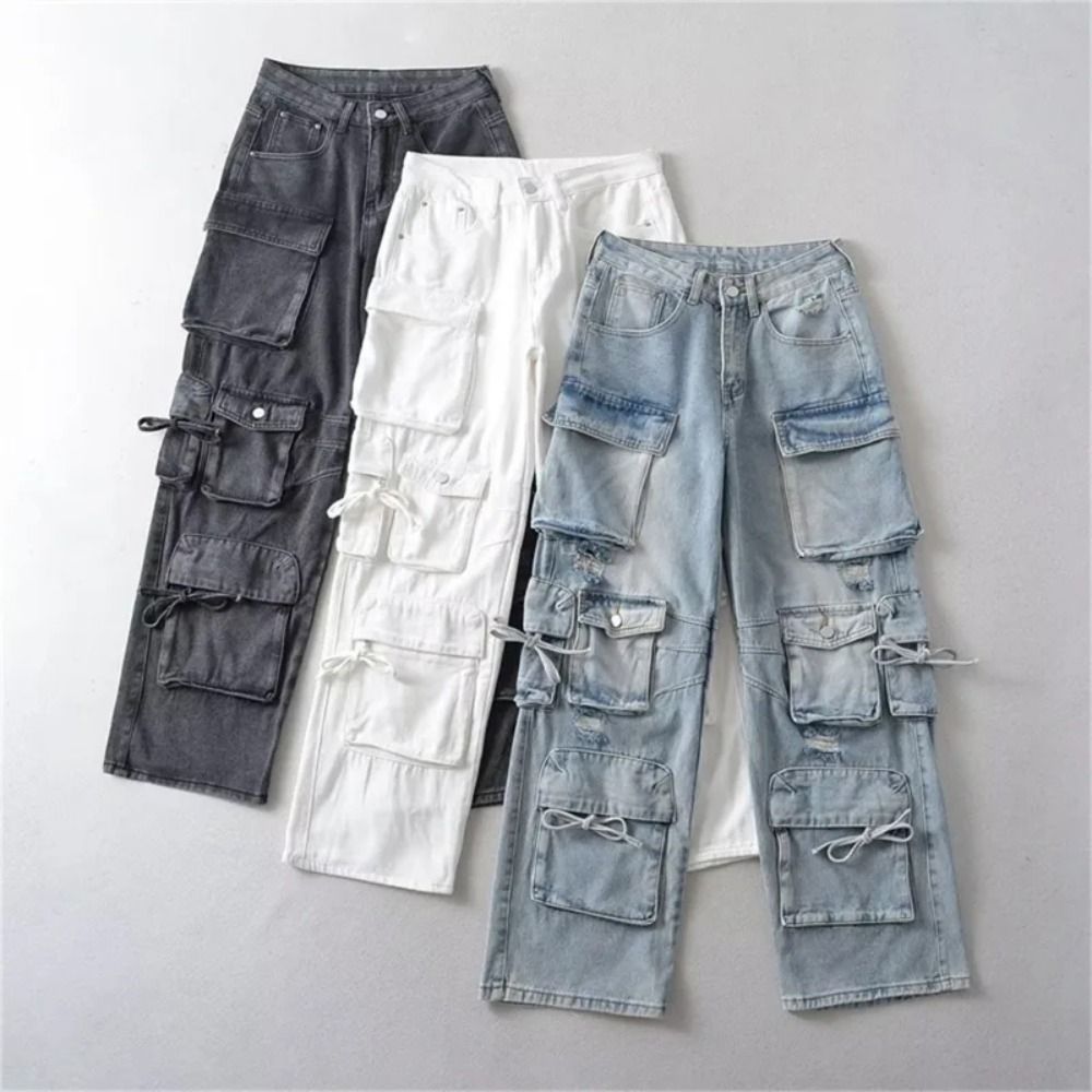 Blue Washed Cargo Pants: Y2k Retro Street Fashion High Waist Jeans