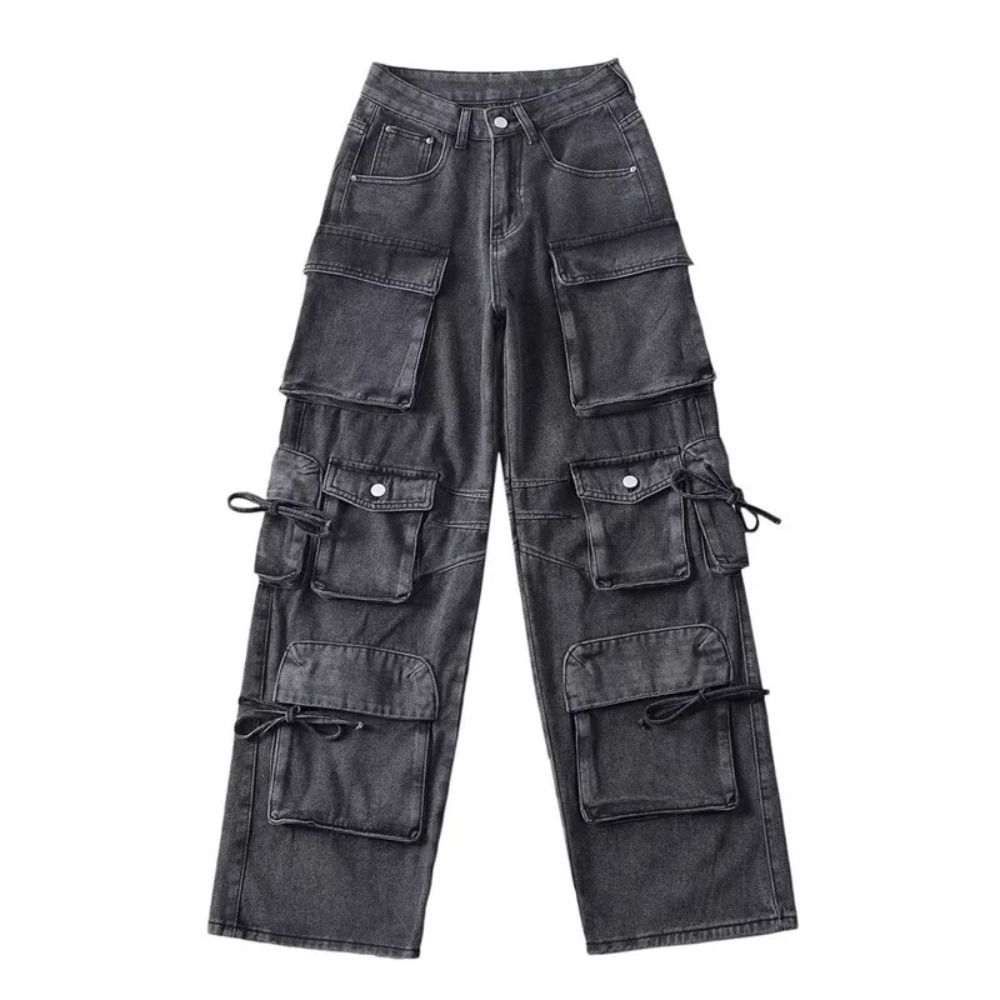 Blue Washed Cargo Pants: Y2k Retro Street Fashion High Waist Jeans