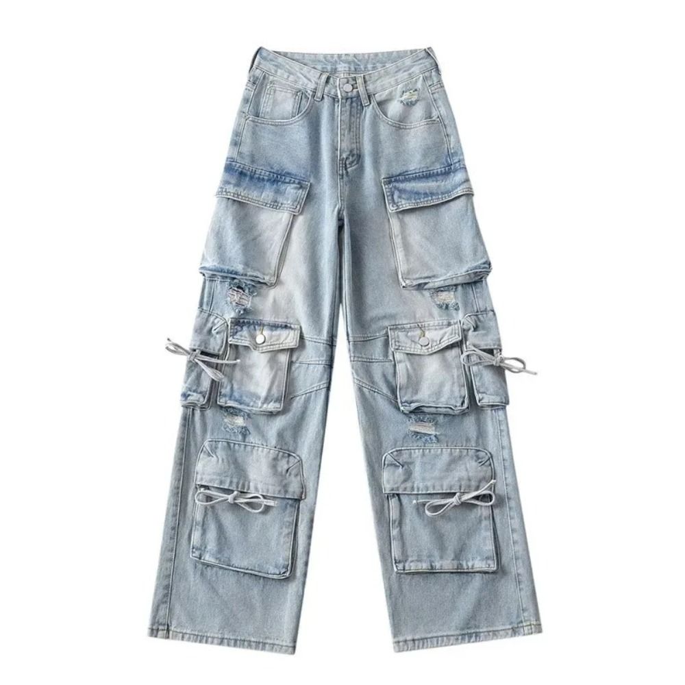 Blue Washed Cargo Pants: Y2k Retro Street Fashion High Waist Jeans