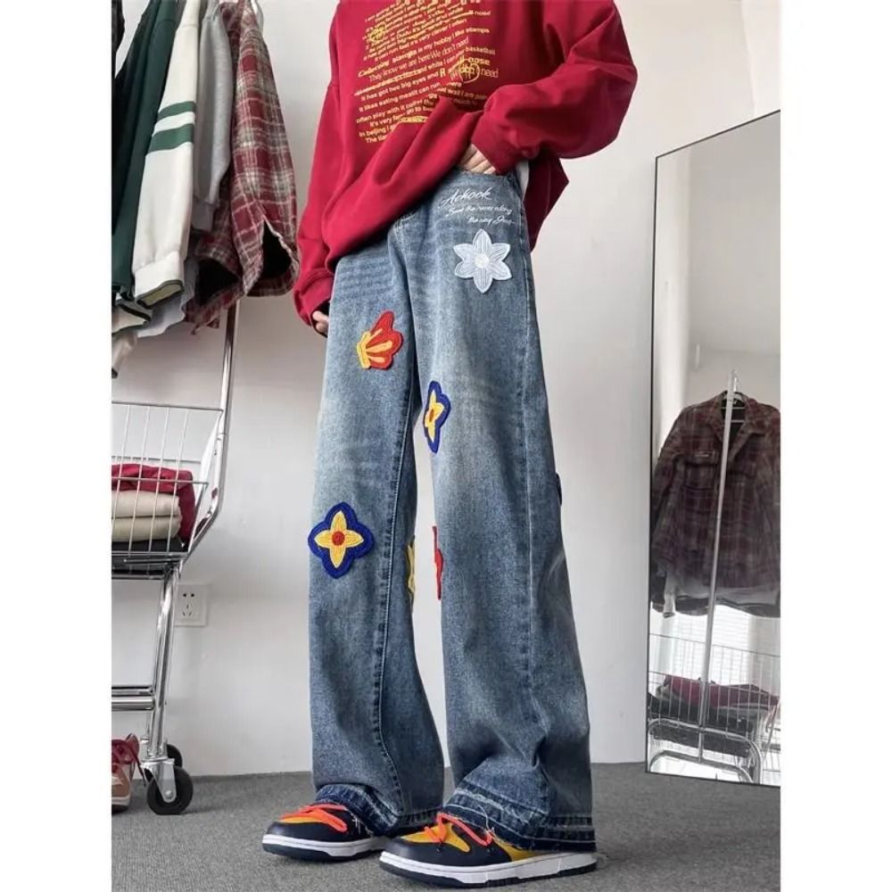 Retro Flower Embroidery Men's High Street Loose Wide Leg Jeans 