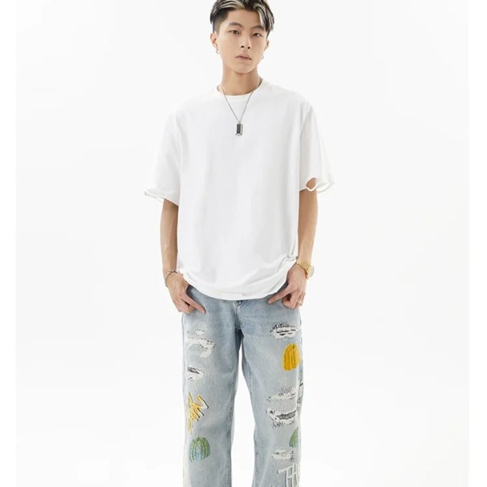 Men's Printed Wide-Leg Jeans Casual Retro High-End Style